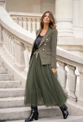 Timeless Fitted Blazer Jacket with Gold Double-Breasted Buttons Khaki