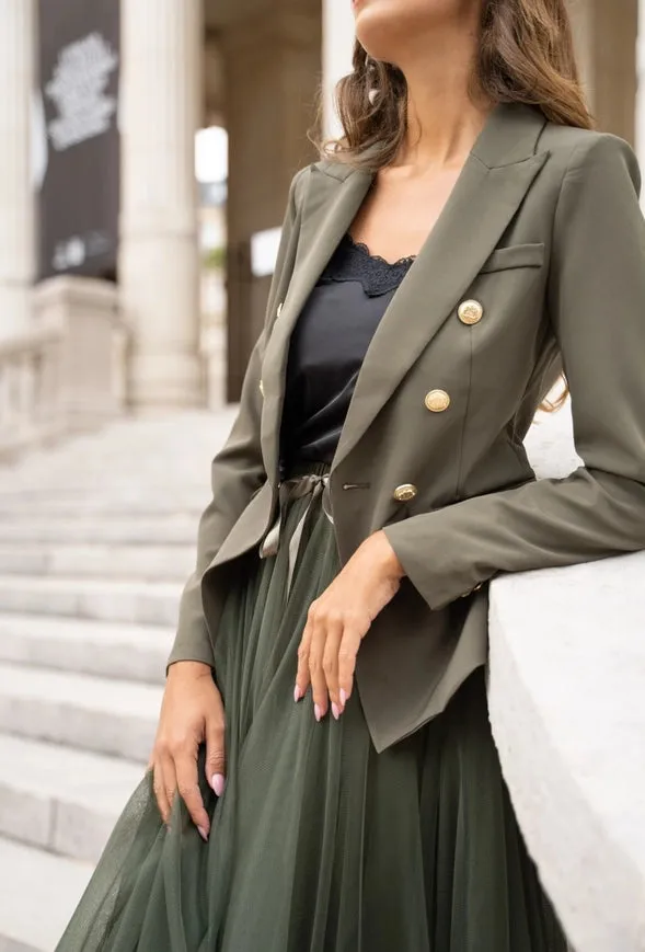Timeless Fitted Blazer Jacket with Gold Double-Breasted Buttons Khaki