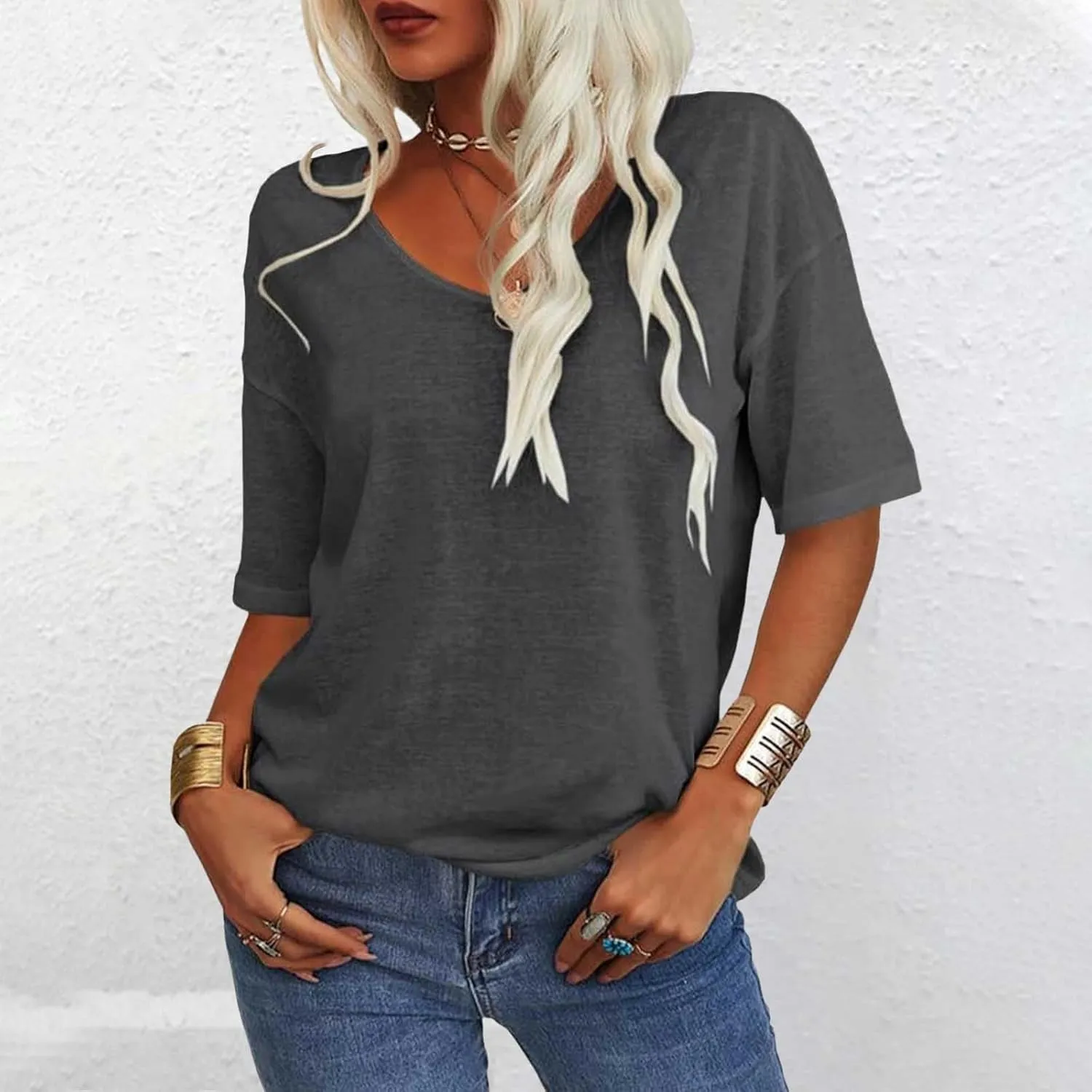 Tranquilm T Shirts, Tranquilm Women's Solid Color V-Neck Casual 2025 Summer Short Sleeve Loose Fit Tees Casual Tops
