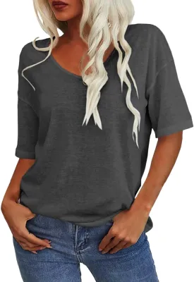 Tranquilm T Shirts, Tranquilm Women's Solid Color V-Neck Casual 2025 Summer Short Sleeve Loose Fit Tees Casual Tops
