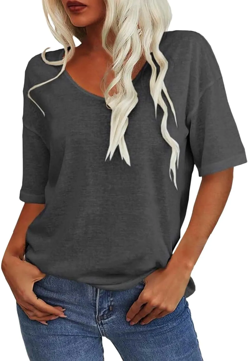Tranquilm T Shirts, Tranquilm Women's Solid Color V-Neck Casual 2025 Summer Short Sleeve Loose Fit Tees Casual Tops