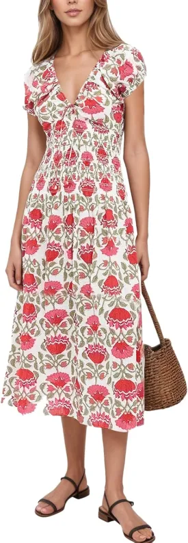 Women's Boho Floral Midi Dress V Neck Smocked Waist Casual A Line Flowy Summer Dress