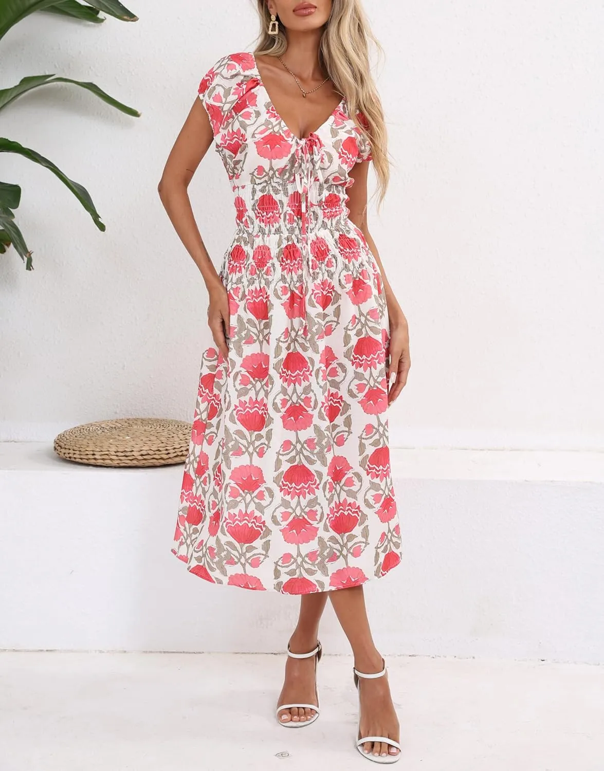 Women's Boho Floral Midi Dress V Neck Smocked Waist Casual A Line Flowy Summer Dress