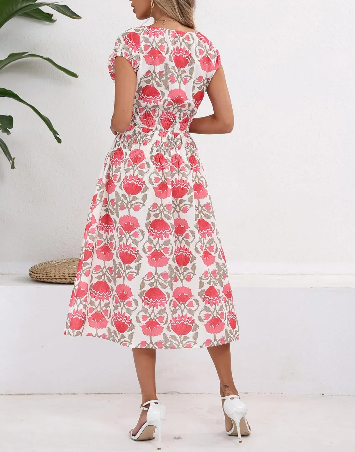 Women's Boho Floral Midi Dress V Neck Smocked Waist Casual A Line Flowy Summer Dress