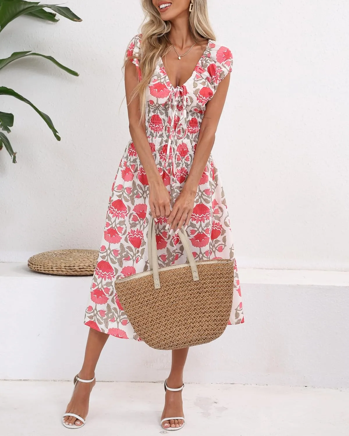 Women's Boho Floral Midi Dress V Neck Smocked Waist Casual A Line Flowy Summer Dress
