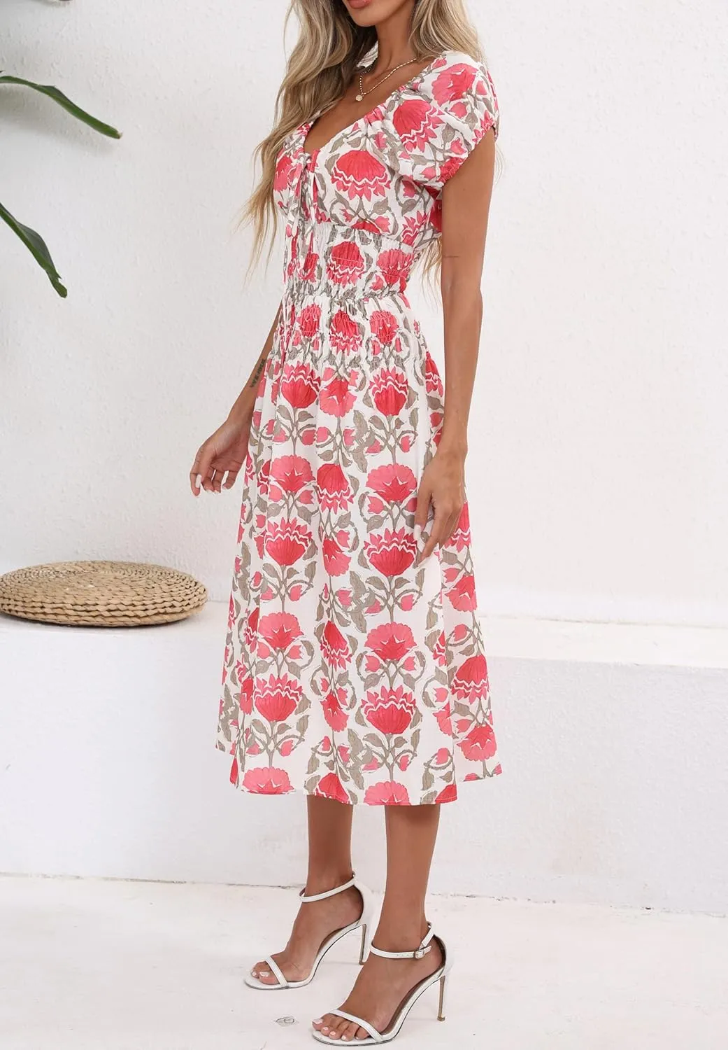 Women's Boho Floral Midi Dress V Neck Smocked Waist Casual A Line Flowy Summer Dress
