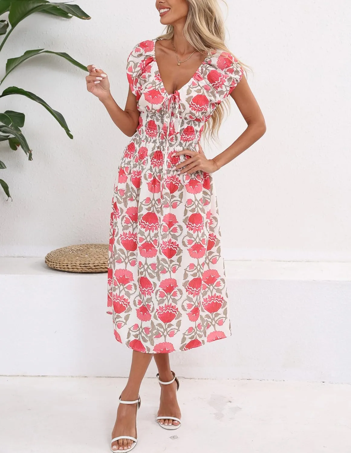 Women's Boho Floral Midi Dress V Neck Smocked Waist Casual A Line Flowy Summer Dress