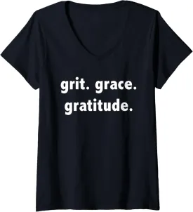 Womens Grit Grace Gratitude - Inspirational Message Phrase V-Neck T-Shirt