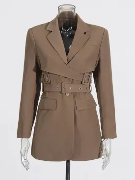 Women's Luxe Brown Tailored Belted Blazer