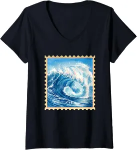 Womens Majestic Ocean Waves Captivating View V-Neck T-Shirt