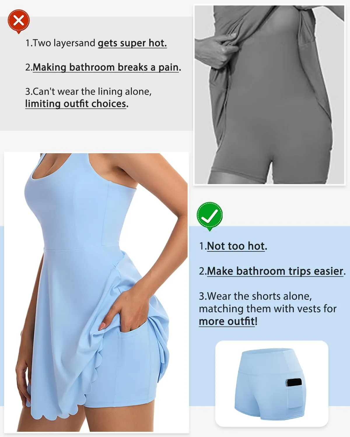 Women's Tennis Dress with Separate Shorts and Bra Square Neck Scalloped Edge Athletic Workout Dresses with Pockets