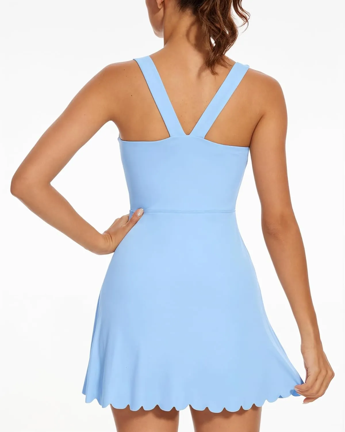 Women's Tennis Dress with Separate Shorts and Bra Square Neck Scalloped Edge Athletic Workout Dresses with Pockets