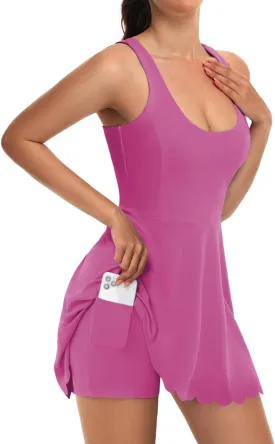 Women's Tennis Dress with Separate Shorts and Bra Square Neck Scalloped Edge Athletic Workout Dresses with Pockets