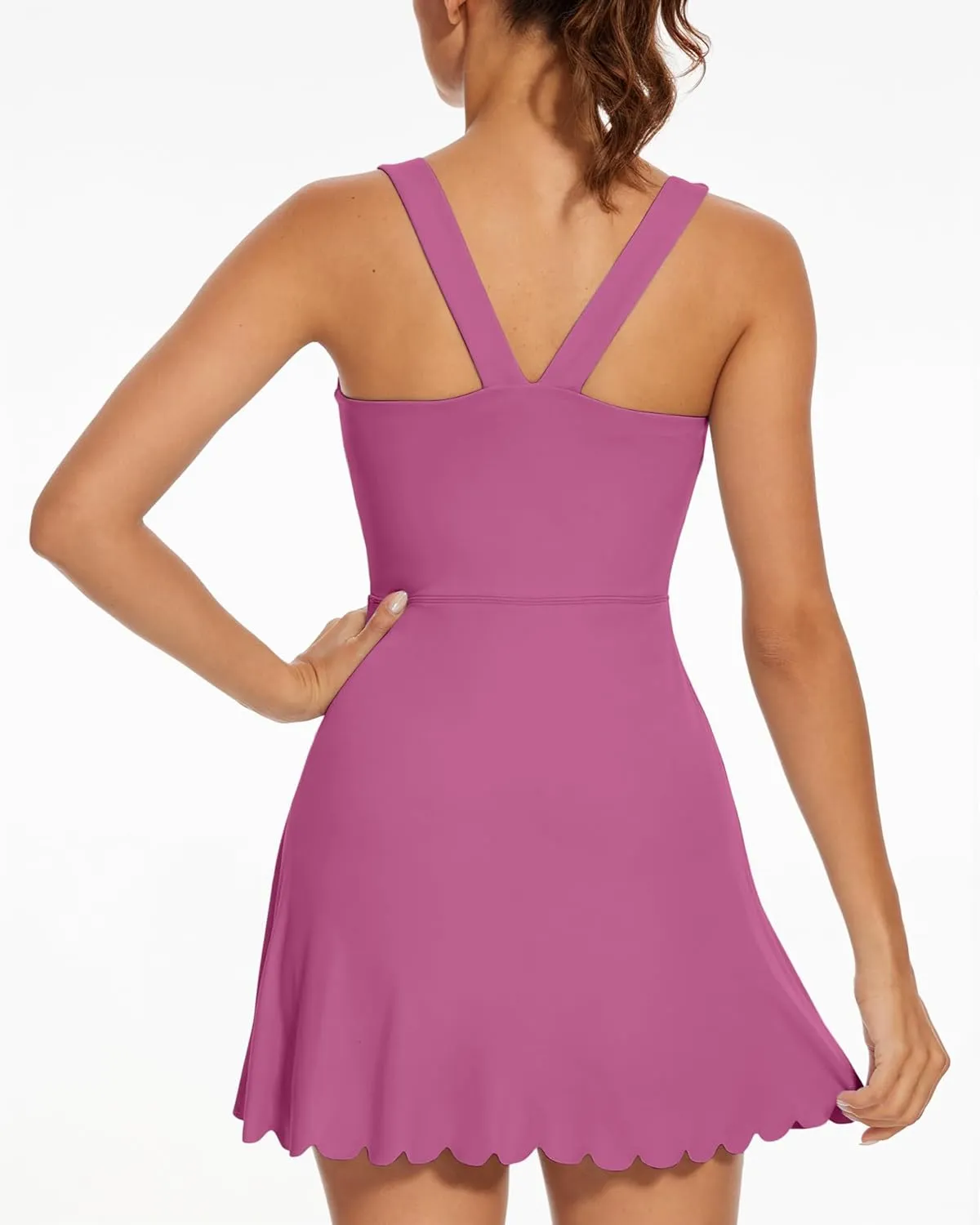 Women's Tennis Dress with Separate Shorts and Bra Square Neck Scalloped Edge Athletic Workout Dresses with Pockets