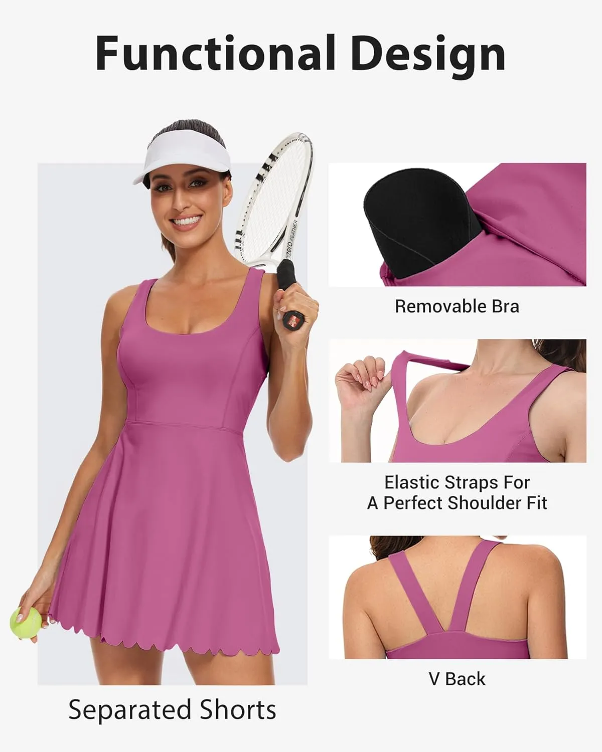 Women's Tennis Dress with Separate Shorts and Bra Square Neck Scalloped Edge Athletic Workout Dresses with Pockets