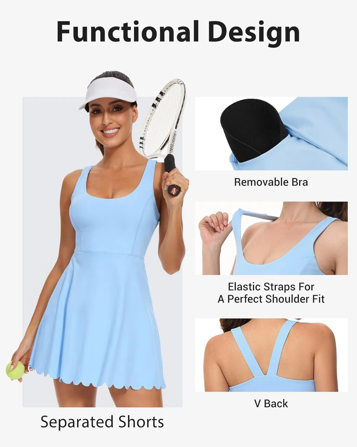 Women's Tennis Dress with Separate Shorts and Bra Square Neck Scalloped Edge Athletic Workout Dresses with Pockets