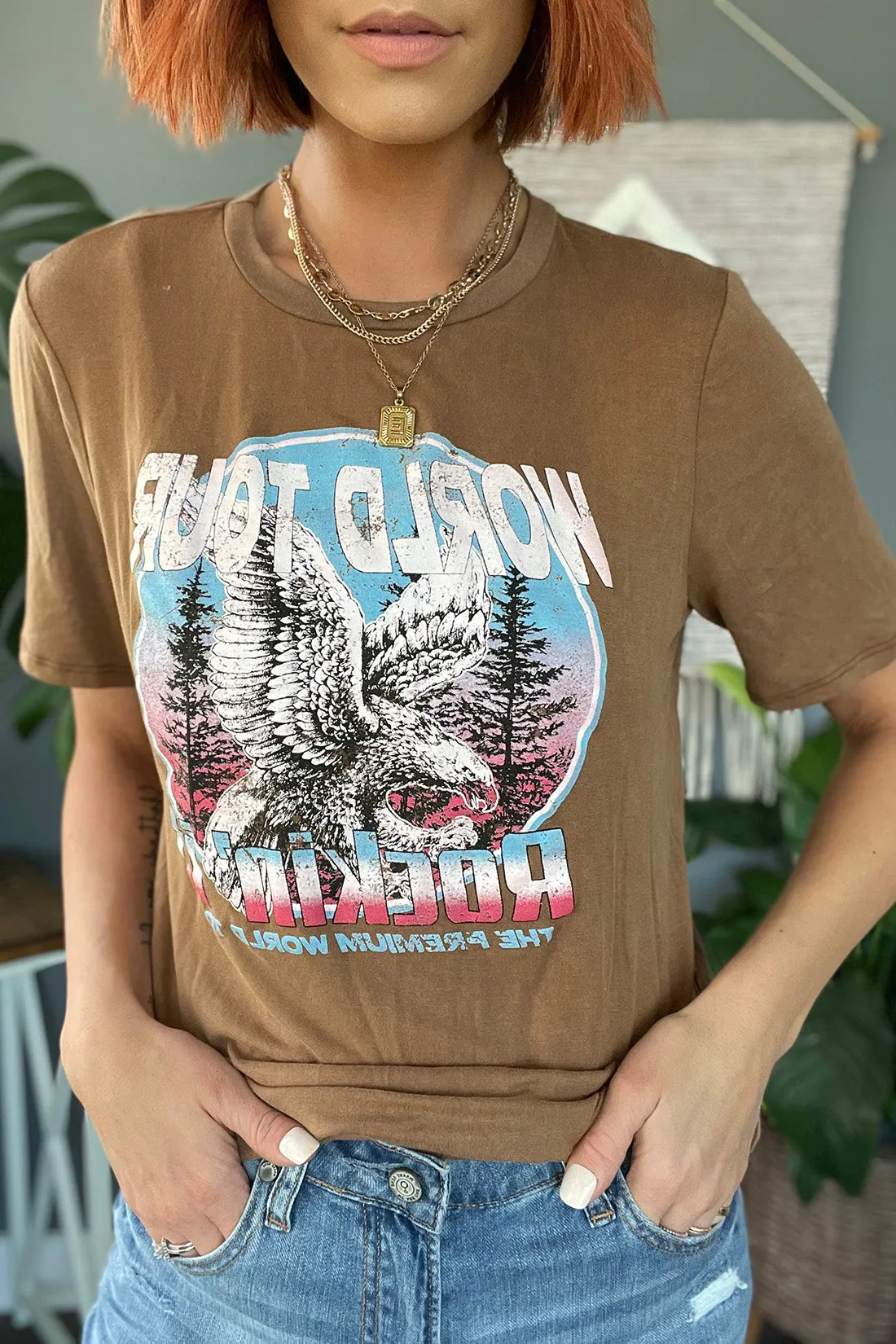 World Tour Eagle Graphic Tee- Caramel