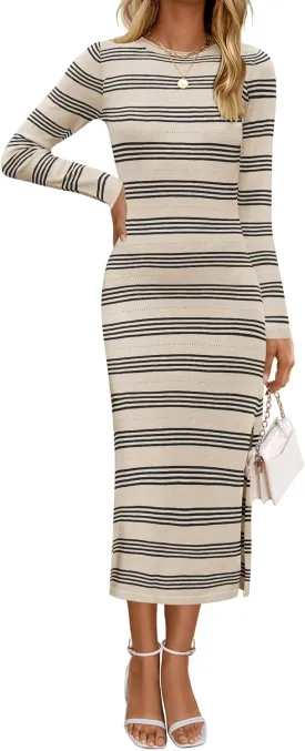 ZESICA Women's Fall Long Sleeve Striped Knit Midi Dresses Crewneck Side Slit Bodycon Sweater Dress